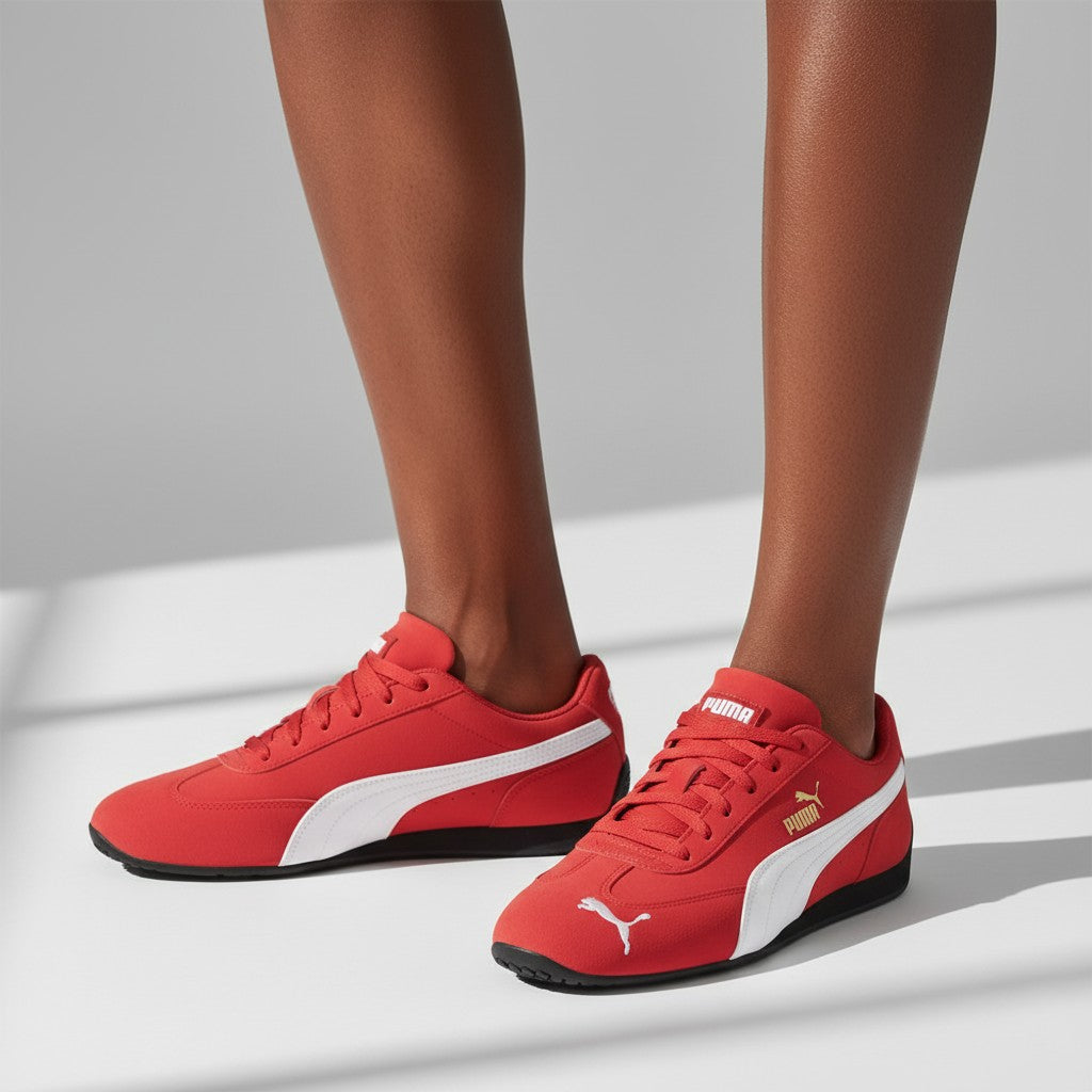 Red Suede Low-Top Sneakers with White Stripe