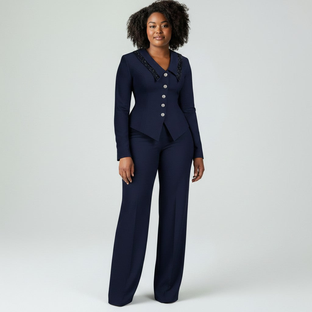 Women's Navy Blue Beaded Lapel Blazer & Wide-Leg Trouser Suit Set