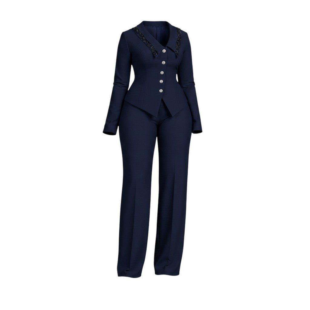 Women's Navy Blue Beaded Lapel Blazer & Wide-Leg Trouser Suit Set
