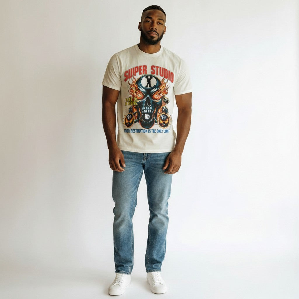 Men's White Suiper Studio Skull Graphic Oversized T-Shirt