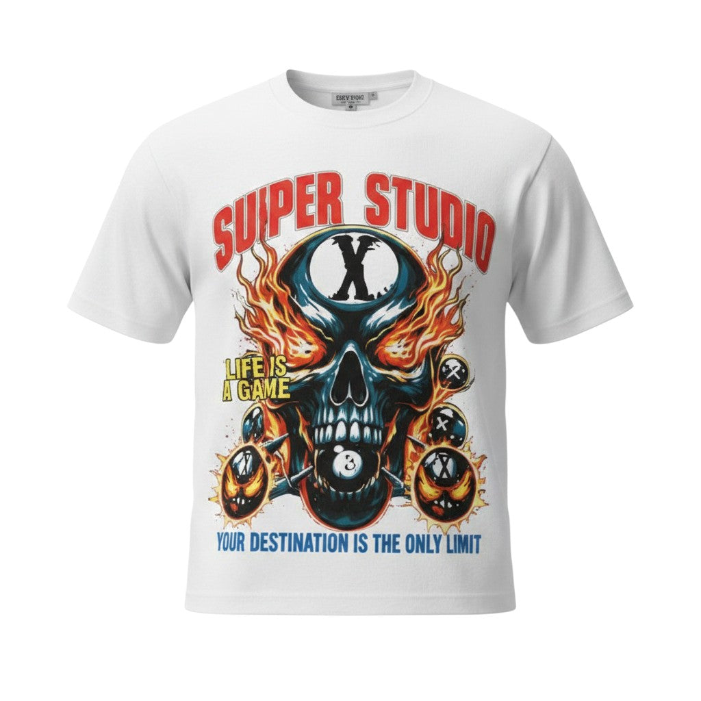 Men's White Suiper Studio Skull Graphic Oversized T-Shirt