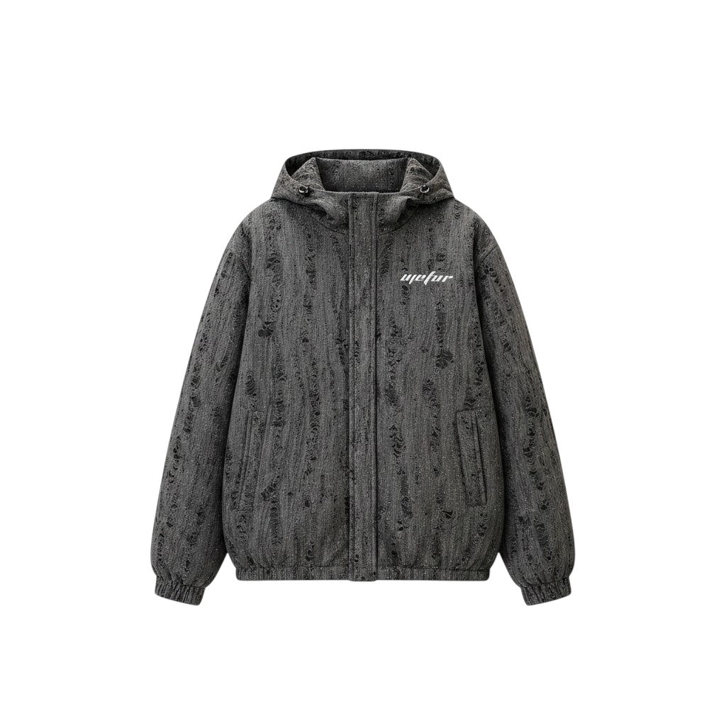 Men's Charcoal Abstract Print Zip-Up Hooded Jacket
