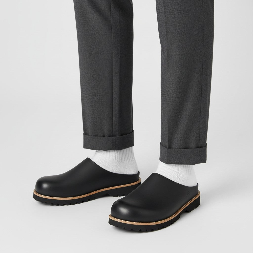 Men's Black Leather Backless Mule Slides with Tan Welt Trim and Lug Sole