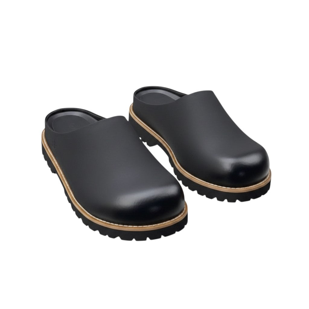 Men's Black Leather Backless Mule Slides with Tan Welt Trim and Lug Sole