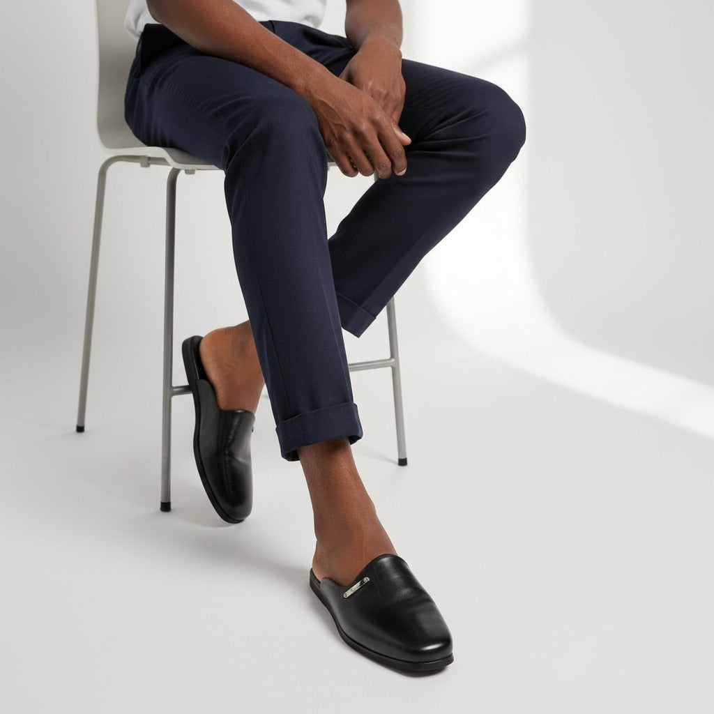 Black Smooth Leather Plain Slip-On Mule