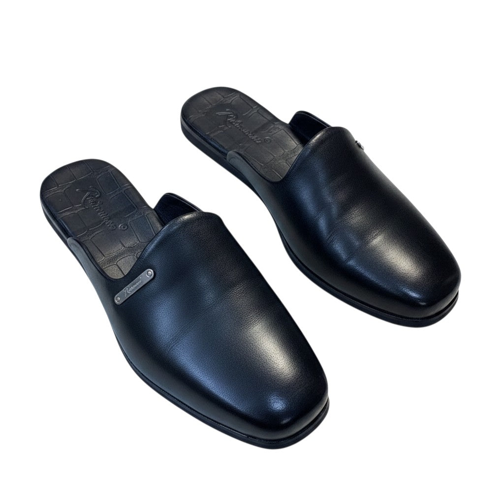 Black Smooth Leather Plain Slip-On Mule