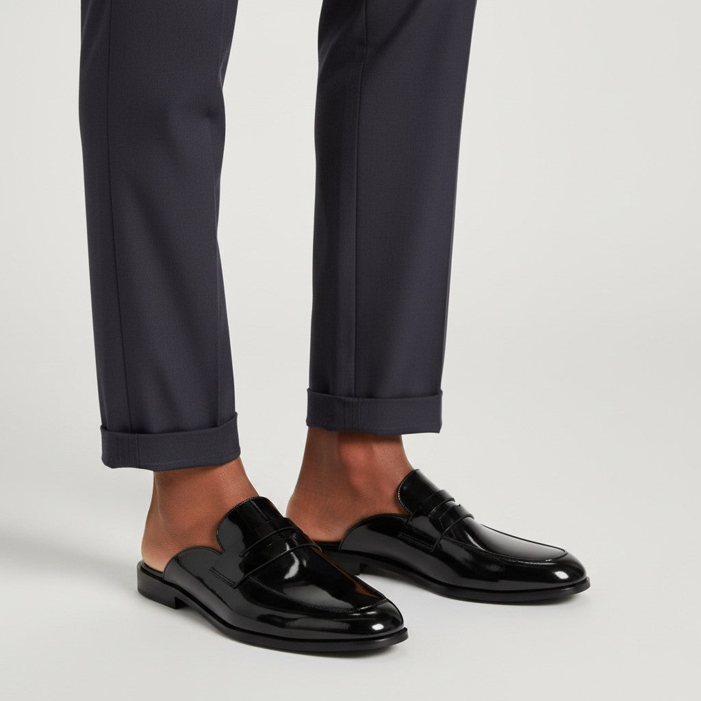 Men's Black Glossy Patent Leather Backless Mule Loafers with Apron Toe
