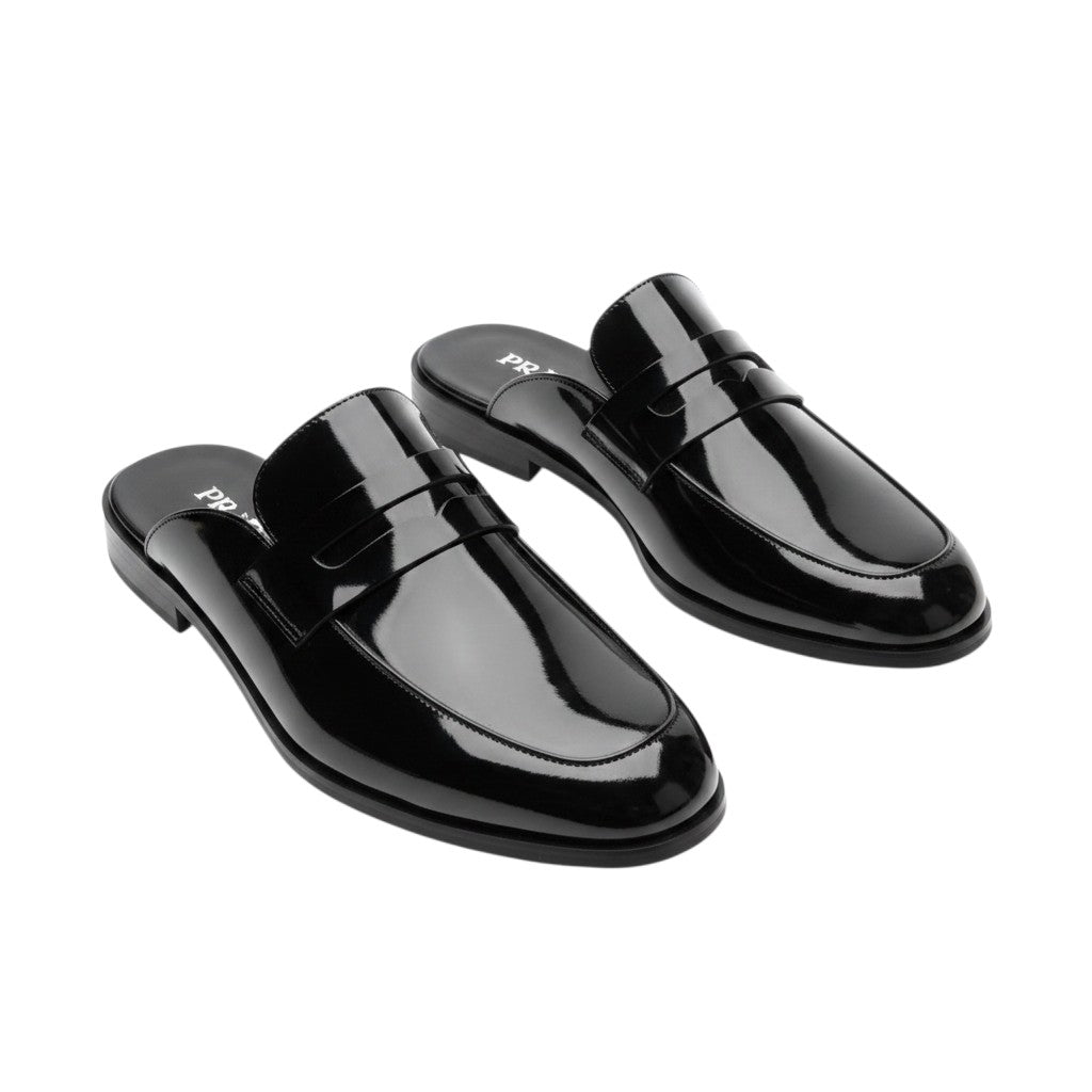 Men's Black Glossy Patent Leather Backless Mule Loafers with Apron Toe