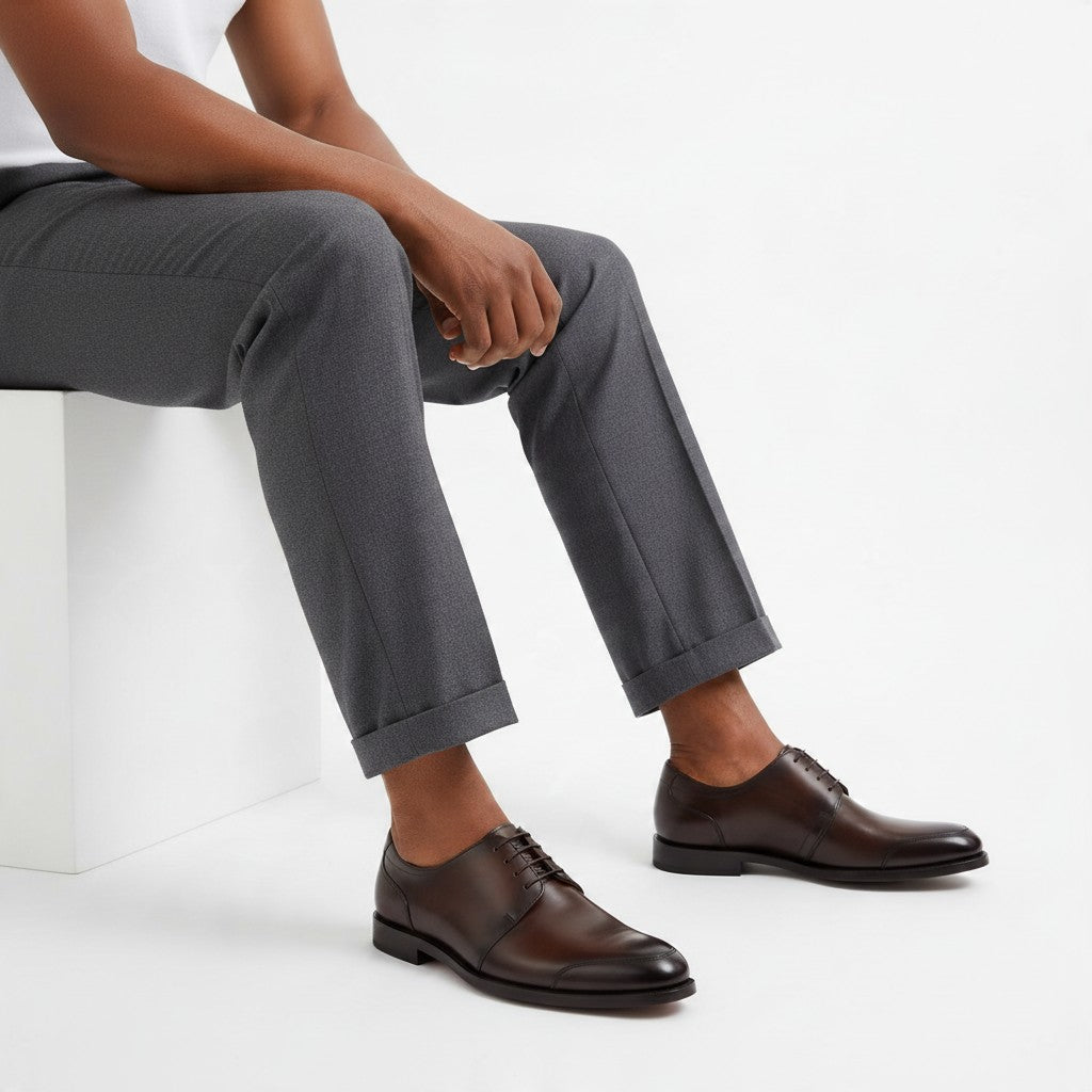 Polished Dark Brown Plain-Toe Derby Shoes