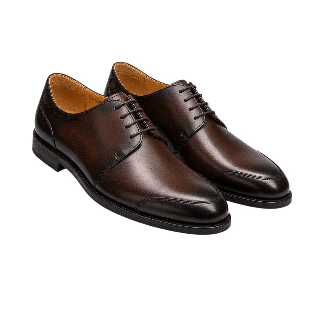 Polished Dark Brown Plain-Toe Derby Shoes