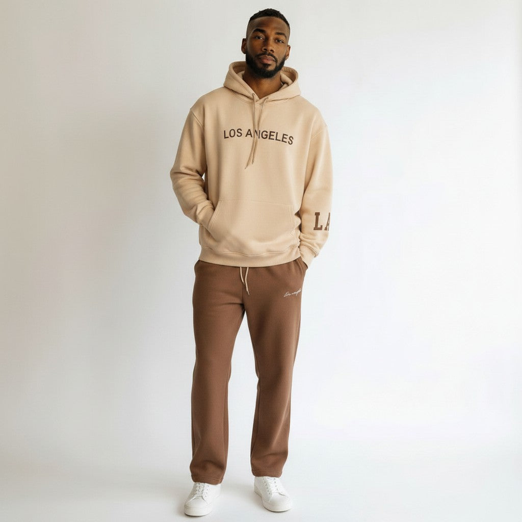 Los Angeles Hoodie & Jogger Tracksuit Set – Sand/Rust