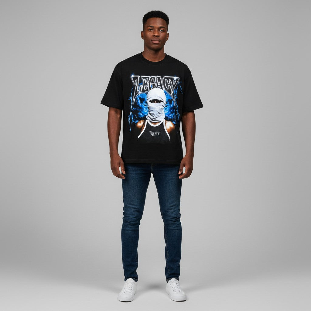 Men's Black Legacy Gothic Lightning Graphic Oversized Tee
