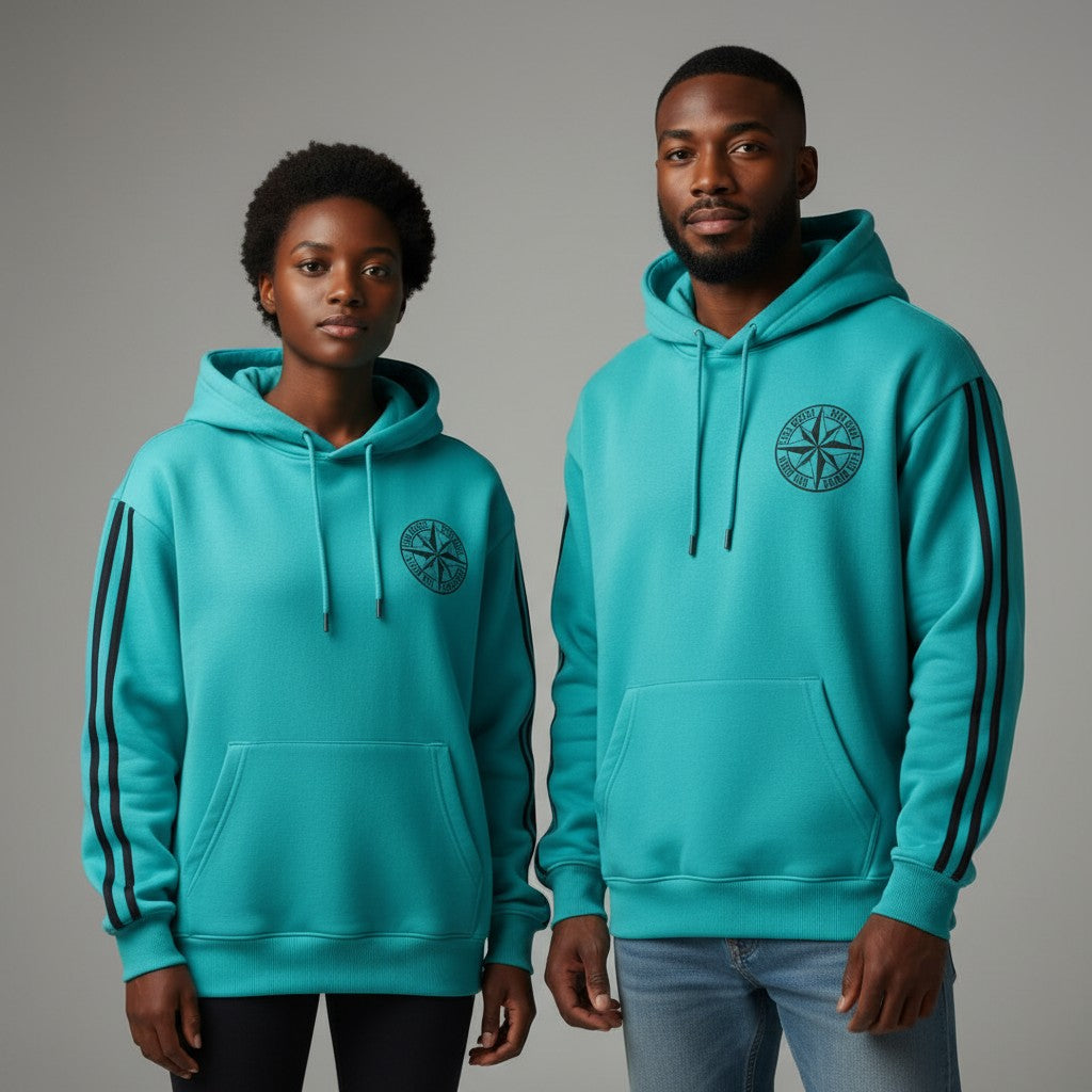 Compass Rose Stripe-Sleeve Pullover Hoodie – Teal