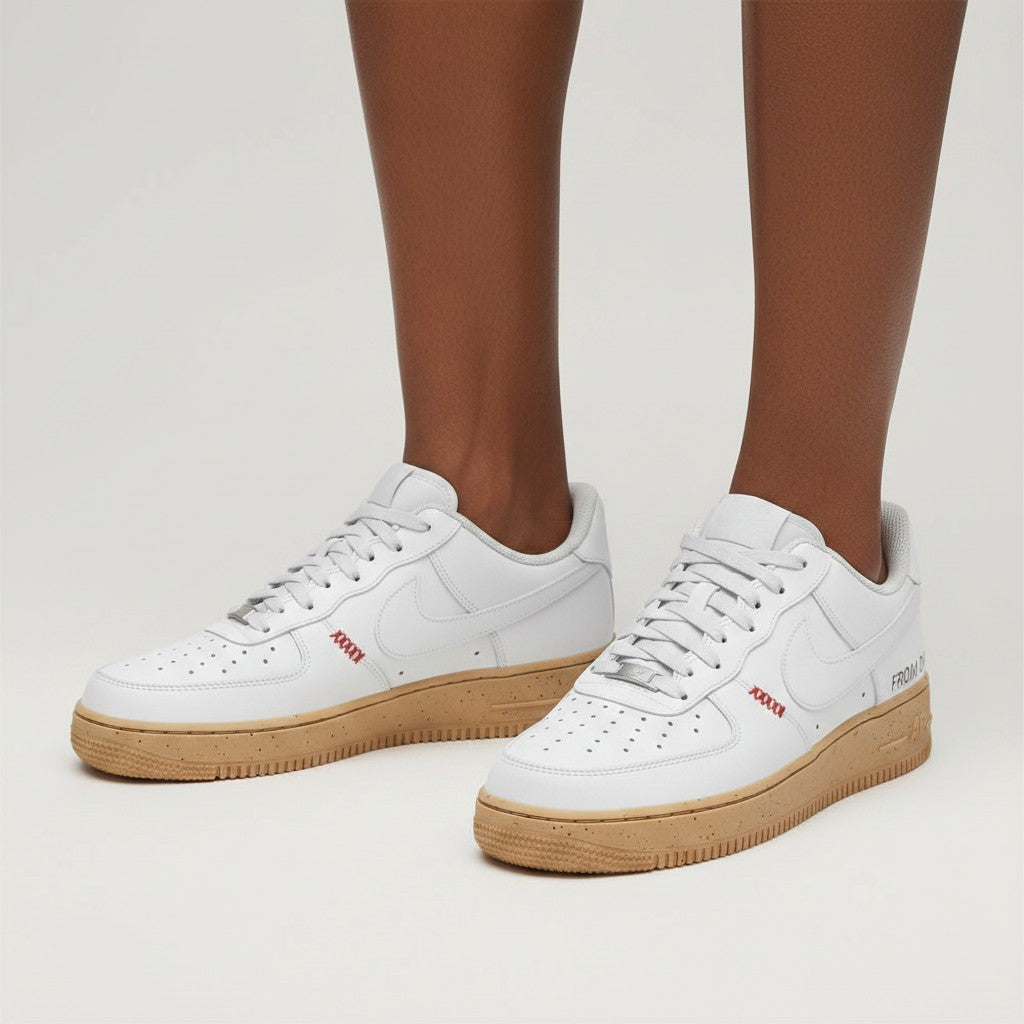 Men's White Mid-Top Leather Sneakers with Gum Sole & Stitch Detail