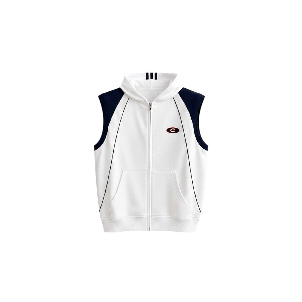 Men's White & Navy Sleeveless Zip-Up Hoodie Vest
