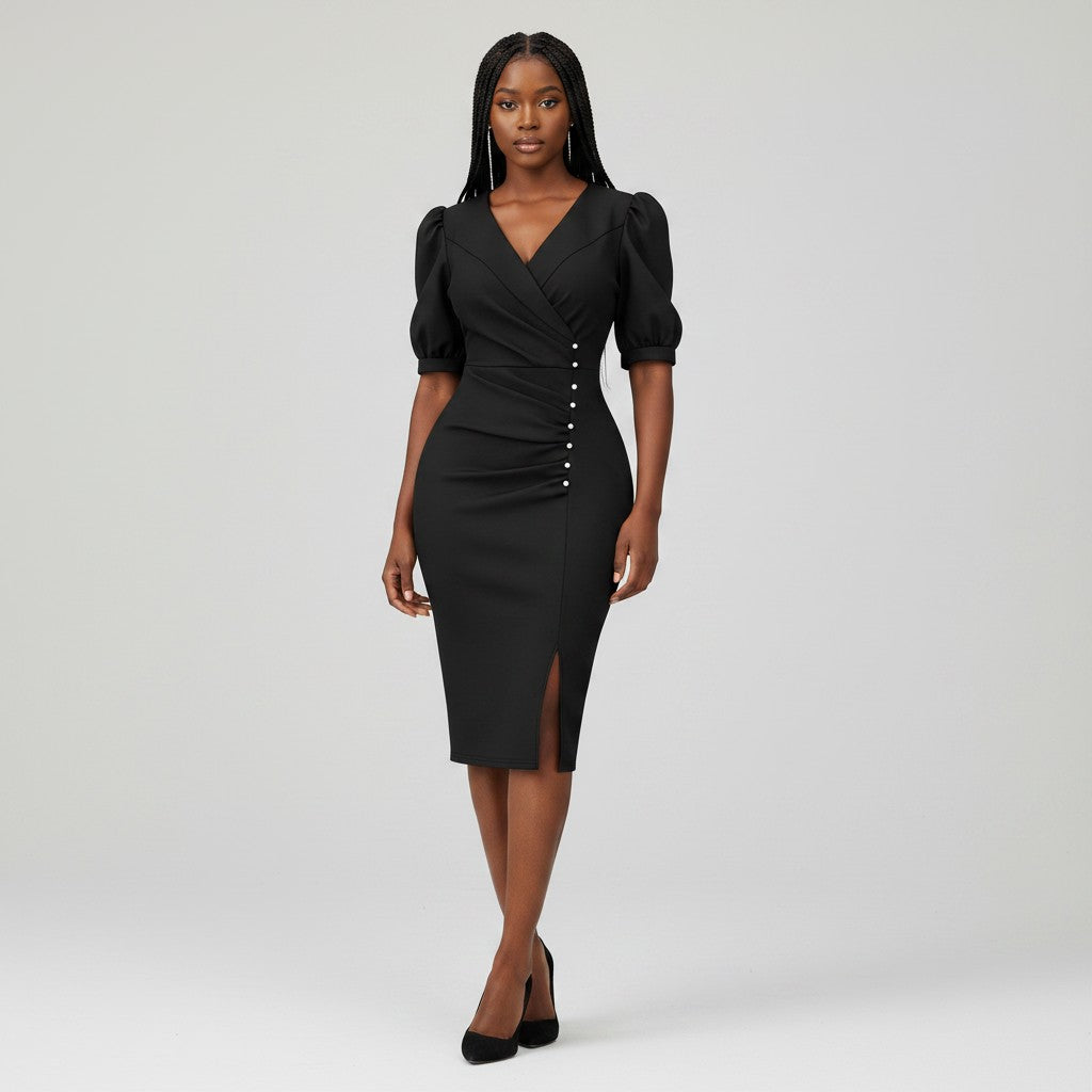 Women's Black Puff Sleeve Pearl Button Ruched Bodycon Midi Dress