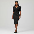 Women's Black Puff Sleeve Pearl Button Ruched Bodycon Midi Dress