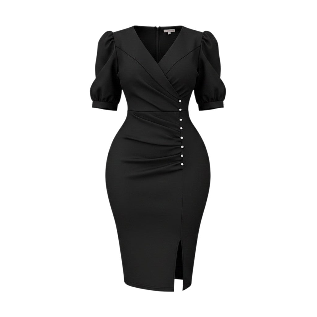 Women's Black Puff Sleeve Pearl Button Ruched Bodycon Midi Dress