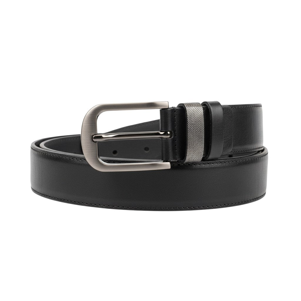 Black Saffiano Textured Leather Matte Buckle Belt Men's