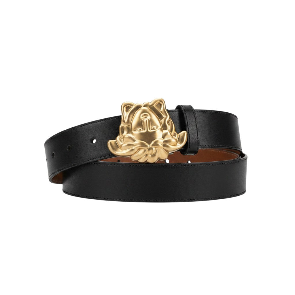 Black Leather Gold Medusa Buckle Men's Belt
