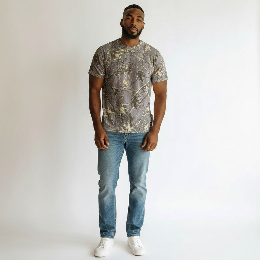Woodland Camo Round Neck Tee – Grey