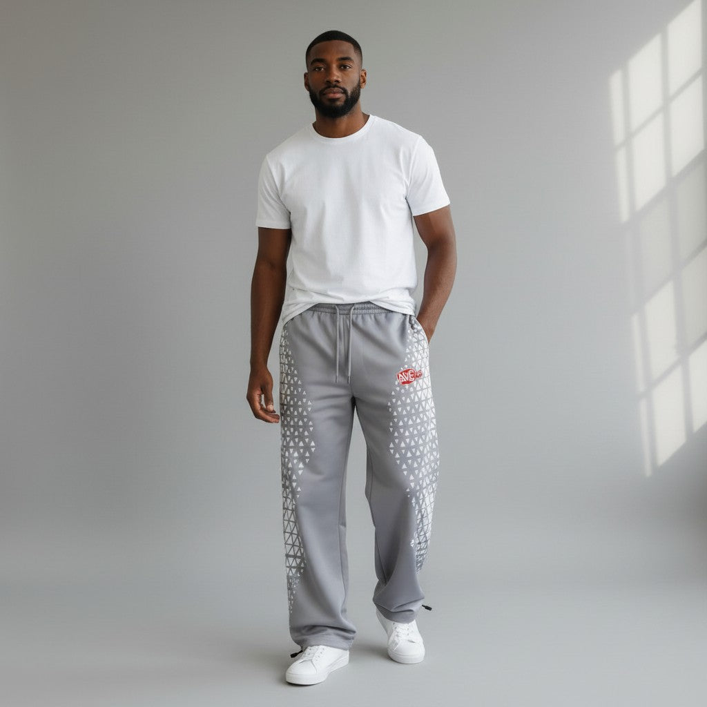 Men's Grey Wide-Leg Geometric Print Joggers
