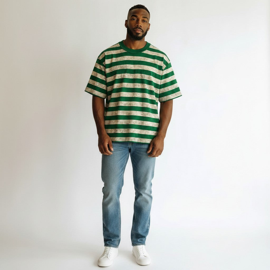 Men's Green & Grey Distressed Stripe Oversized Round-Neck Tee