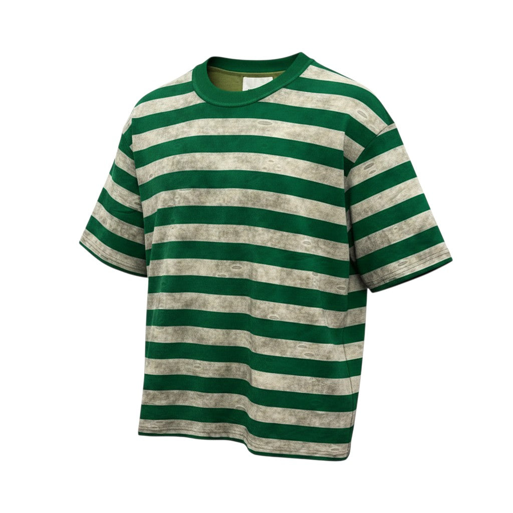 Men's Green & Grey Distressed Stripe Oversized Round-Neck Tee