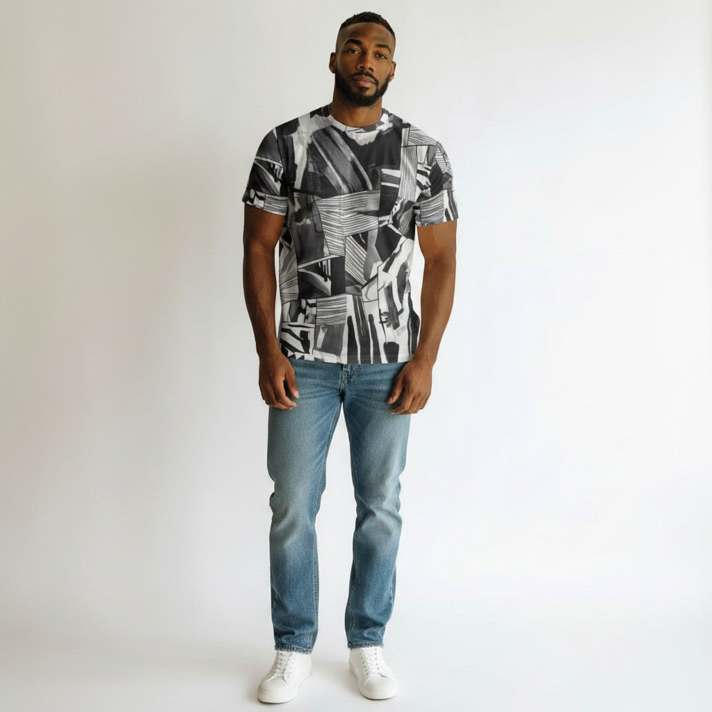 Men's Monochrome Abstract Print Oversized Round-Neck Tee