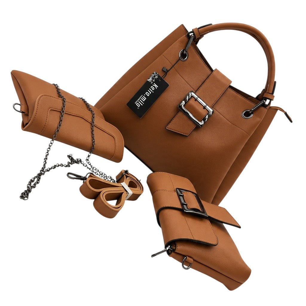 Tan Buckle-Detail Structured Top-Handle Bag