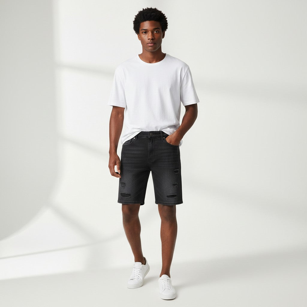 Men's Black Lightly Distressed Denim Shorts