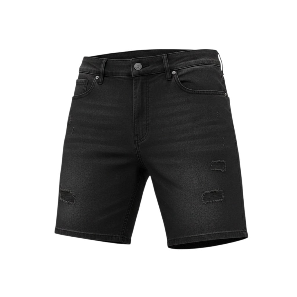Men's Black Lightly Distressed Denim Shorts