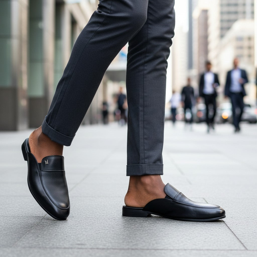 Navy Blue Pebbled Leather Penny Mule