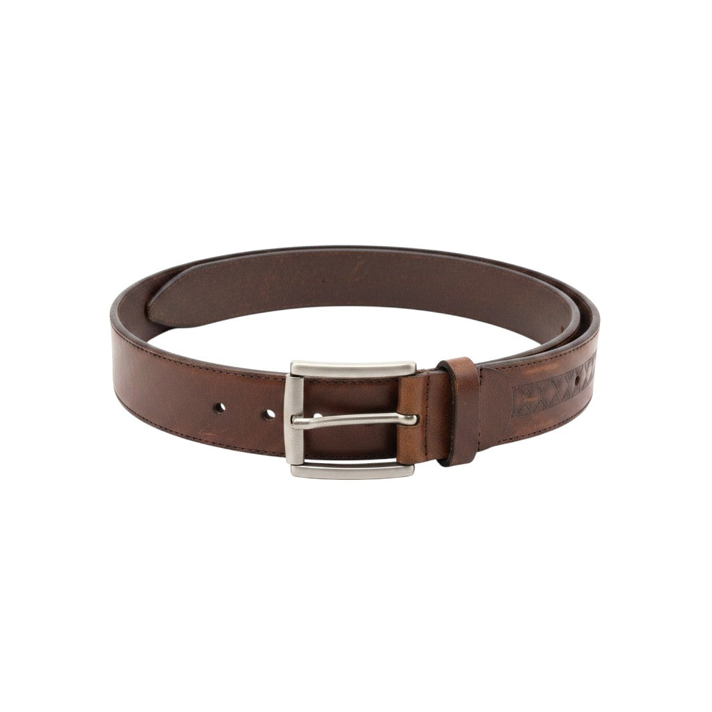 Embossed Patterned Leather Belt Single-Prong Buckle
