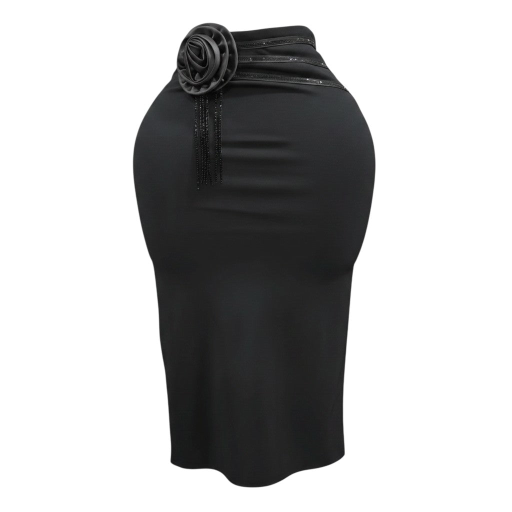 Women's Black Rosette & Crystal Fringe High-Waist Midi Pencil Skirt
