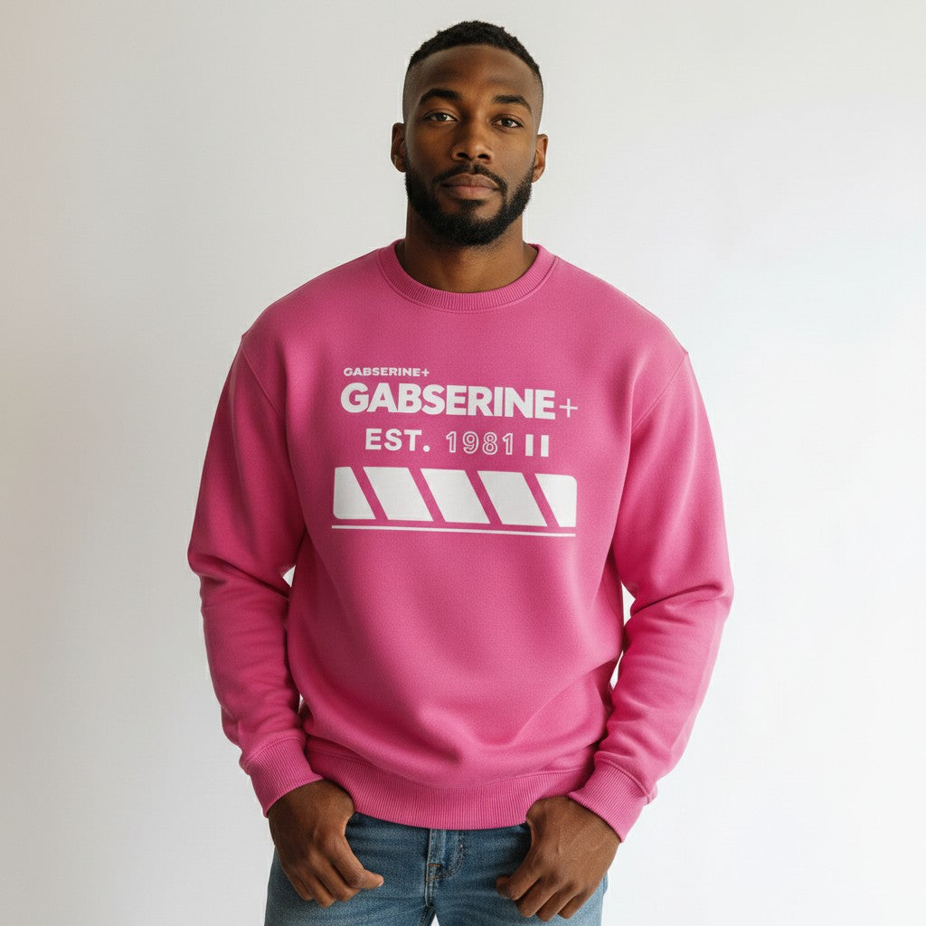 Men's Hot Pink Typography Stripe Crew Neck Sweatshirt