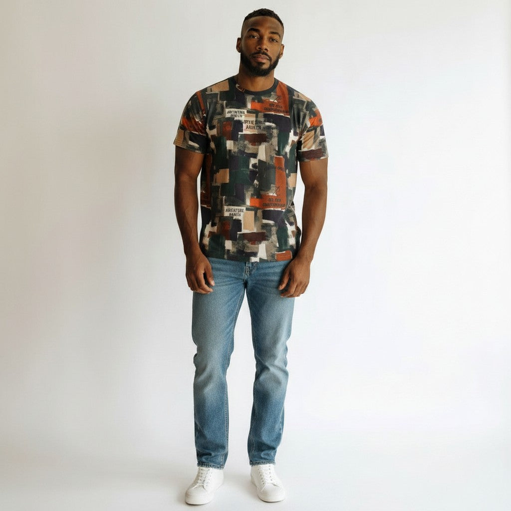 Men's Patchwork Graphic Print Oversized Round Neck Tee