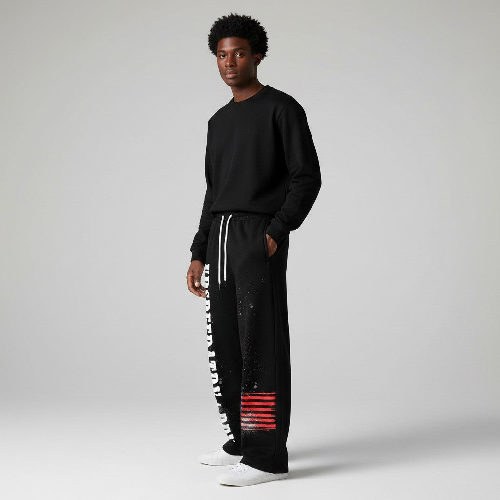 Unisex Vertical Text & Flag Print Wide-Leg Jogger Pants