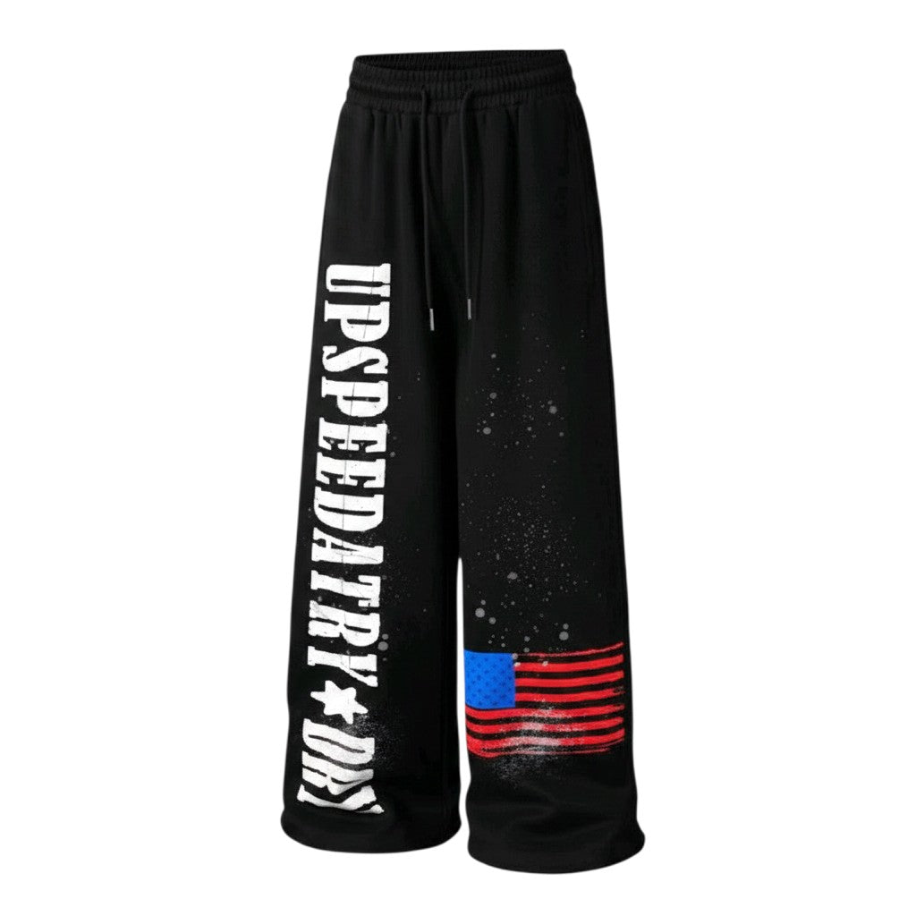 Unisex Vertical Text & Flag Print Wide-Leg Jogger Pants