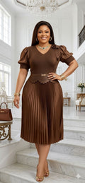 Cocoa Puff-Sleeve Pleated Dress