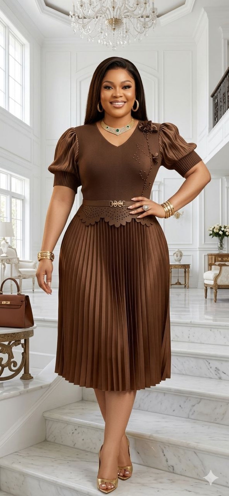 Cocoa Puff-Sleeve Pleated Dress