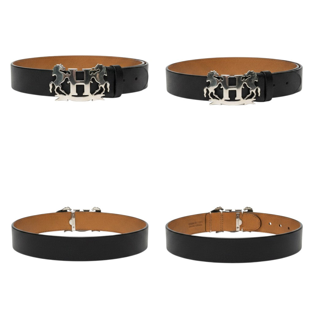 Black Leather Silver Abstract Flame Buckle Men's Belt