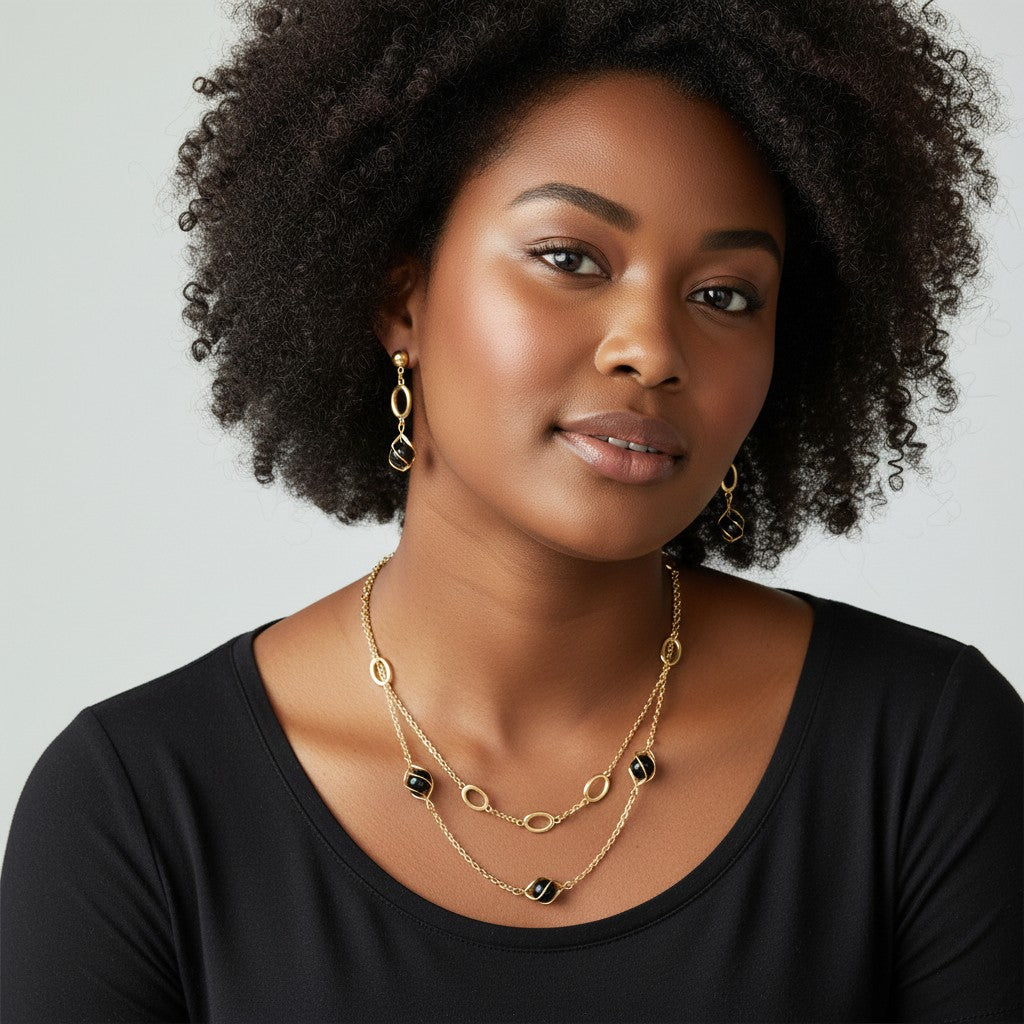 Gold Double-Strand Crystal and Black Bead Jewelry Set