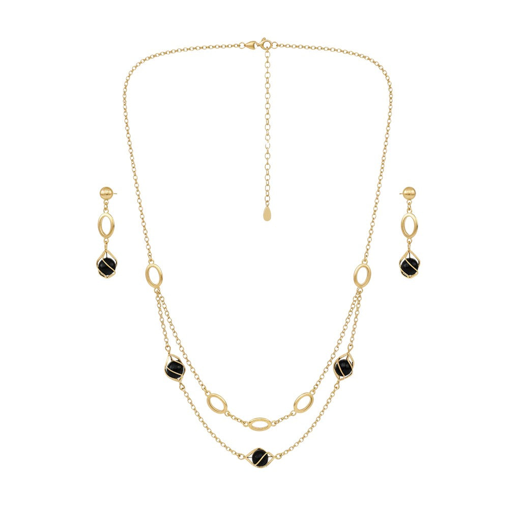 Gold Double-Strand Crystal and Black Bead Jewelry Set