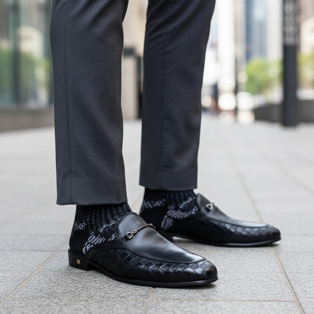 Blue Black Woven Leather Horsebit Mule