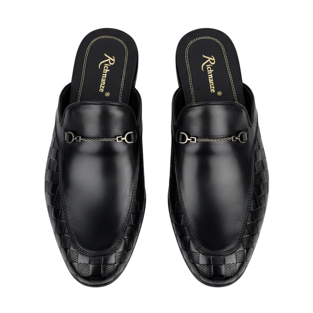 Blue Black Woven Leather Horsebit Mule