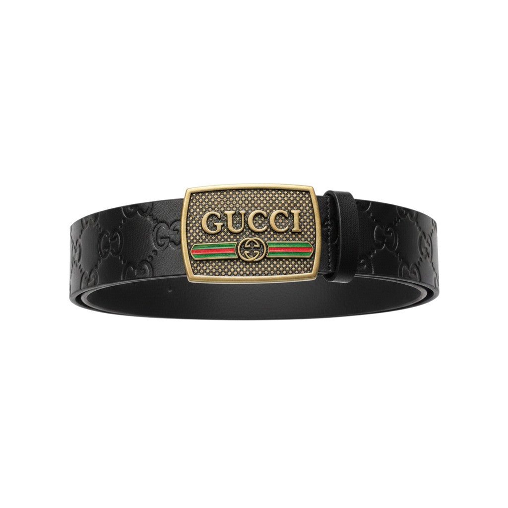 Black Monogram Embossed Leather Statement Buckle Belt Men's