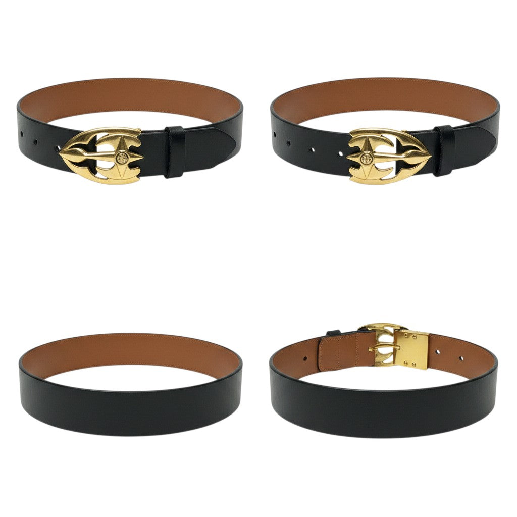 Black Leather Gold Flame Trident Buckle Men's Belt