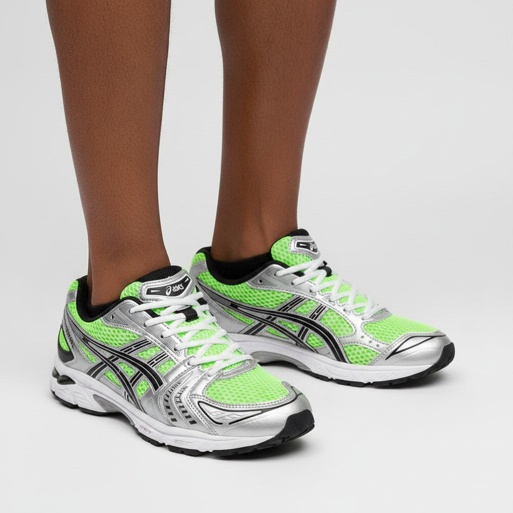 Men's Neon Green & Silver Retro Runner Sneakers with Metallic Overlays