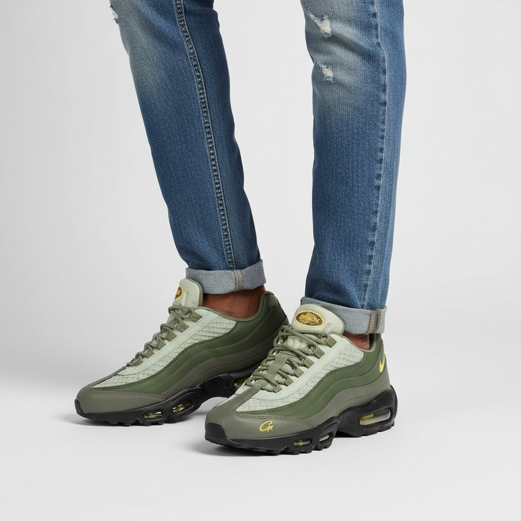 Men's Olive Green & Sage Air-Cushion Low-Top Sneakers with Yellow Accent